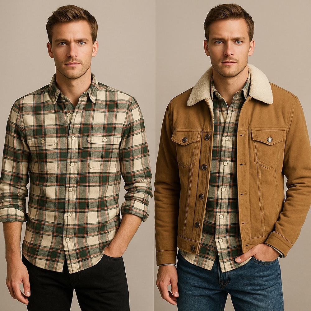 Men's Plaid Flannel Shirt - Green and Cream
